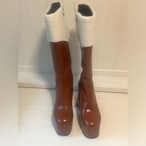 Brown and Cream Heeled Boots with Chunky Heel 39